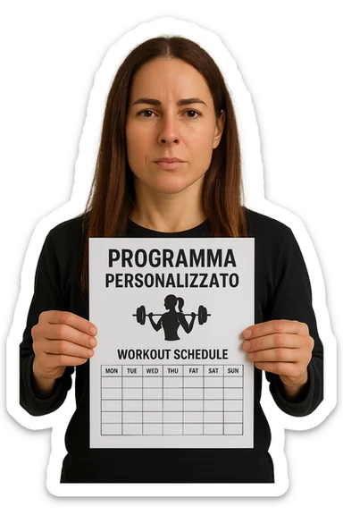 Donna con in mano Scheda di allenamento di palestra con scritto "Programma Personalizzato" sticker