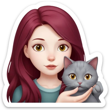 Beautiful long burgundy haired girl feeding gray cat sticker