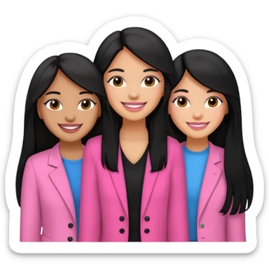 3 besties with professional glammed up looks wearing pink, medium skin tone smiling big with black long hair  sticker