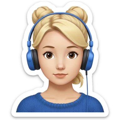 a girl with blue knitwear with a blonde hair bun and her job is a podcaster  sticker