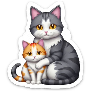 full body large dark grey and white cat cuddling a colourful light patched calico + white tabby cat  sticker