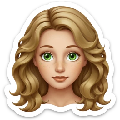 creative women with long dark Blond with highlights wavy hair white women, oval shape face green hazel eyes long lashes freckles on the nose high cheek bones sticker