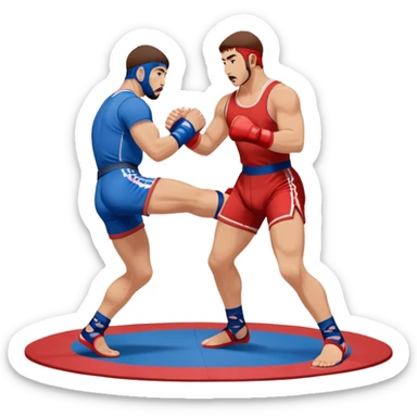 Two Sambo fighters in blue and red gis with shorts and wrestling shoes, executing gripping and throwing techniques. The fighters are engaged in a dynamic, action-packed moment with no strikes. The background features a wrestling mat, focusing on the technique and control. Transparent background  sticker