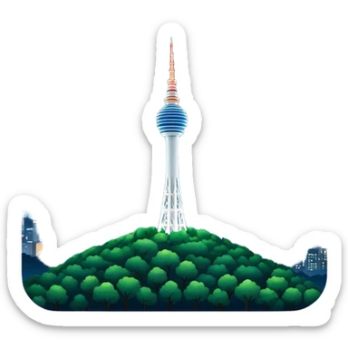 Cinematic Realistic N Seoul Tower Landmark Emoji, featuring the iconic tower perched atop Namsan Mountain, glowing against the night sky with panoramic city lights stretching beyond. sticker