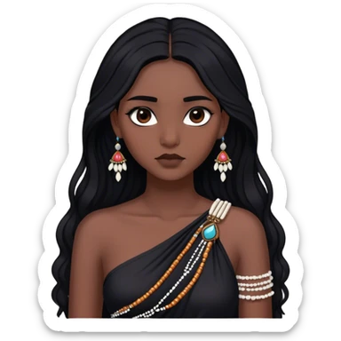 Cinematic Realistic Pocahontas Portrait, depicted with lifelike skin texture, soft natural lighting, and intricately detailed long, flowing raven-black hair that moves gracefully in the wind. Her deep, soulful dark brown eyes exude wisdom and strength, complemented by a serene yet powerful expression. She is shown gently holding a feather in one hand, her other hand resting lightly at her side, embodying the harmonious balance between nature and herself. She is dressed in her classic one-shoulder native American dress, with rich fabric textures and delicate beaded details that catch the light beautifully. The portrait features a soft, sun-kissed glow with a natural, radiant finish, capturing the essence of untamed beauty and deep connection to nature in a realistic and painterly style, evoking a sense of depth and authenticity. sticker