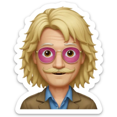 slender man with rose-colored glasses no lenses, frizzy blonde Joe Dirt wig, scruffy thin beard and mustache, smiling sticker