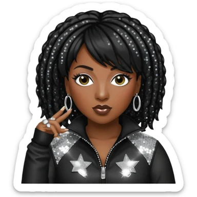 Missy Elliott with jet black hair, black sequin outfit sticker