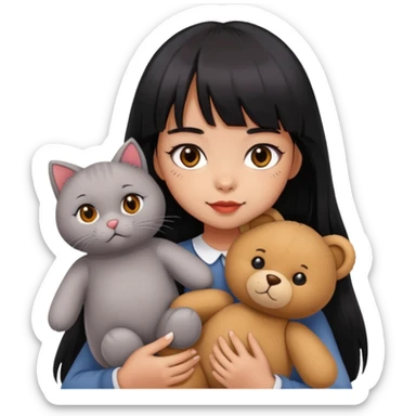 girl,black eyes,red cheeks,long black hair with bangs,holding a British grey cat and a brown teddy bear sticker