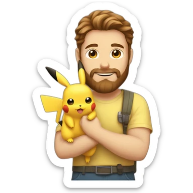 white man with brown hair and beard holding a pikachu pokemon sticker
