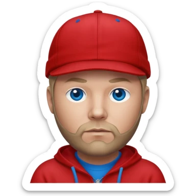 Fred Durst with dark blonde hair, blue eyes, red outfit and cap sticker