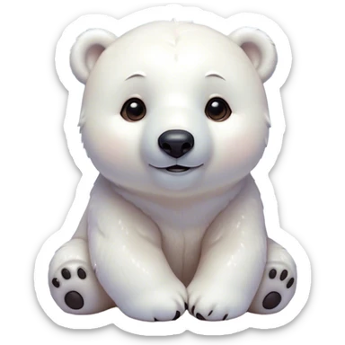 Cinematic Cute Polar Bear Portrait Emoji, Head tilted playfully and inquisitively, with a glossy, plush coat accented by a gentle, blushing muzzle and round, sparkling eyes, Simplified yet irresistibly adorable features, highly detailed, glowing with a warm, friendly polar glow, high shine, affectionate and lively, stylized with a touch of endearing charm, soft glowing outline, capturing the essence of a mischievous yet loving polar cub that feels like it could tumble out of the screen into your arms! sticker