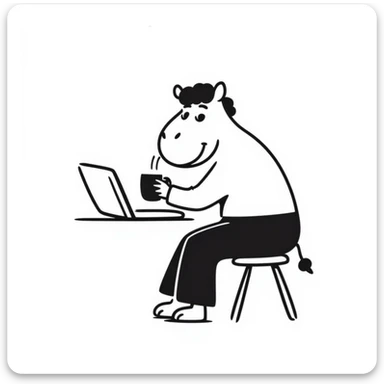 A cartoon hippopotamus who sits at a laptop and drinks coffee sticker