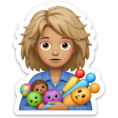 A kindergardenteacher carrying toys while looking exhausted and stressed. sticker