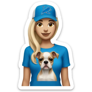 A blonde haired girl shoulder langth wearing a Detroit Lions hat and holding a Boston terrier sticker