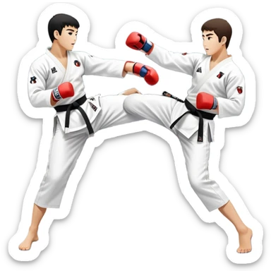 Two taekwondo fighters in traditional white doboks with black belts. One delivers a powerful kick, while the other defends by blocking with his knee. The background shows a professional arena with bright lights and an excited crowd. Transparent background highlights the intense action sticker