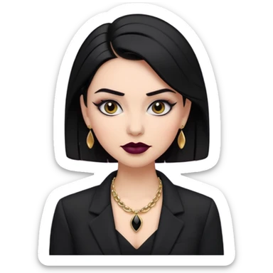 “Emoji girl, sculpted contour, bold dark lipstick, defined brows, sharp eyeliner, sleek black hair updo, statement necklace, black blazer.” sticker