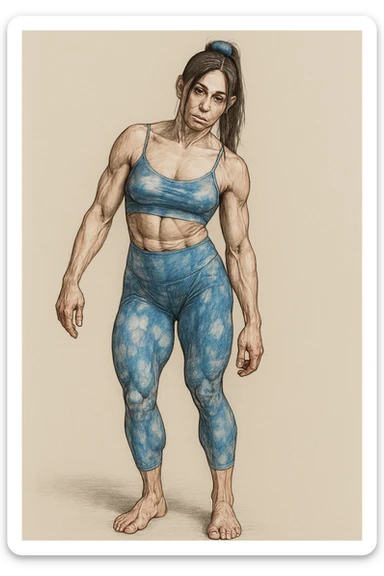 Realistic style illustration of a woman in sportswear with an asymmetric posture showing evident postural problems. The anatomy is clearly visible with muscles and joints emphasized. The background is neutral and the format is vertical, inspired by the reference photo. sticker