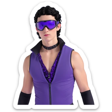 male athlete with white skin and moderately curly black hair on top with shaved sides, wearing ski goggles with purple frames and very dark black lenses, a simple plain black chain necklace, and a completely unzipped sleeveless vest with purple and black sequin fire pattern design, fully revealing his chest, shoulders and arms, no earrings sticker