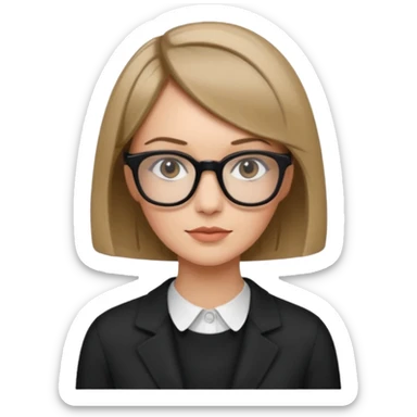 woman dark blonde petite bob haircut wears dark squarish glasses, classic clothes sticker