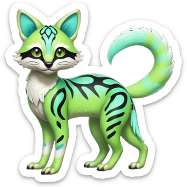 Rare realistic iridescent neon lime-green & cyan white black lush tropical exotic edgy epic pretty beautiful handsome gorgeous aesthetic colorful vibrant Vernid-Protogen-Primagen-Genet-Trico-species-Fakemon-hybrid-creature by LiLaiRa, beautiful intricate markings, full body sticker