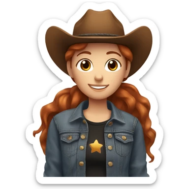 Girl with short red hair, with brown eyes, smiling, wearing a denim jacket and black shirt and brown cowgirl hat, hugging her brown horse that has a white spot on her forehead. sticker