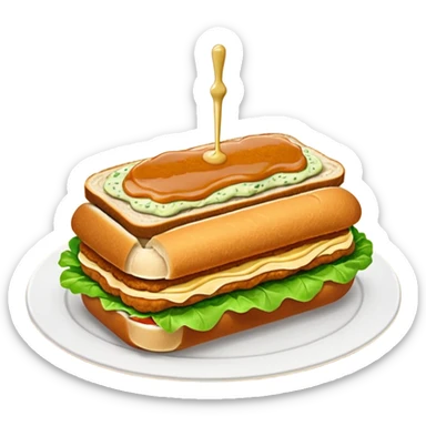 schnitzel sandwich: an oblong roll topped with a schnitzel, placed on a lettuce leaf, drizzled with remoulade, no cheese or other ingredients sticker