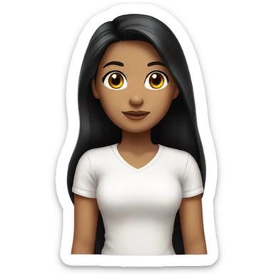 a tan girl with long silky jet black hair, brown eyes, long lashes, and a white tshirt. sticker
