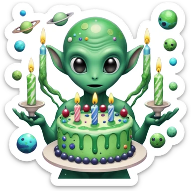 A giant alien holding a birthday cake that is actually a miniature galaxy, tiny planets orbiting the candles, cosmic dust swirling, epic scale contrast, ultra detailed space fantasy art

 sticker