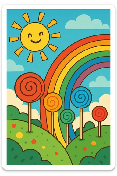 a scene combining sunshine, lollipops, and a rainbow, joyful and whimsical, playful style, vibrant toon sticker