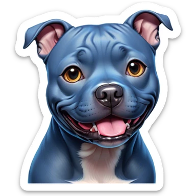 Cinematic Comical Blue Staffordshire Bull Terrier Portrait Emoji, Head tilted dramatically with an exaggeratedly amused expression, featuring a striking blue Fur with a subtle shimmer, wide, expressive dark eyes filled with playful disbelief, Simplified yet hilariously expressive features, highly detailed, glowing with a slightly sassy glow, high shine, dramatic yet playful, stylized with an air of cheeky mischief, bright and endearing, soft glowing outline, capturing the essence of a spirited and over-the-top guardian, so meme-worthy it feels like it could side-eye its way into internet fame instantly! sticker