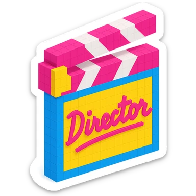 voxel style movie clapperboard with a bold director's signature, isometric view sticker