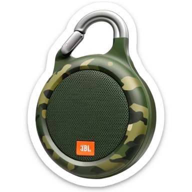 Minimalist JBL Clip 4 speaker with accurate circular shape and integrated carabiner clip at top, green camouflage pattern, iOS emoji style sticker