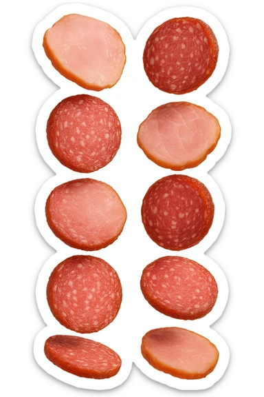 fettine di prosciutto cotto e di salame fluttuano in aria verticalmente, IPERREALISTICA 4K sticker