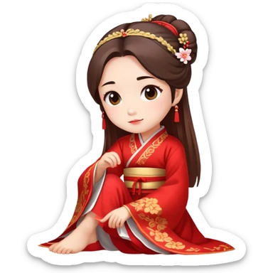 Beautiful girl wearing red Hanfu wedding dress sitting sticker