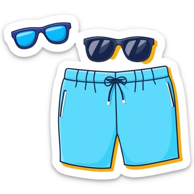 swimming board shorts and separate sunglasses on beach towel in same composition sticker