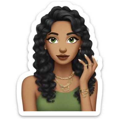 Glamorous, streetwear, black hair, long loose curls hair, olive skin, green almond eyes, winged eyeliner with big lashes, wearing hooped earrings, rings and bracelets, almond fake nails sticker