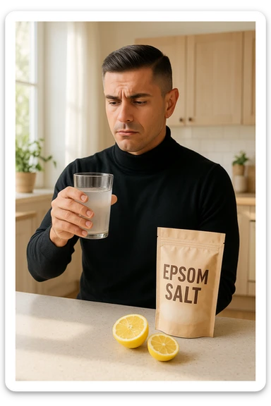 A realistic, bright photo-style image of a young man in his 30s standing in his kitchen, holding a clear glass filled with water in which Epsom salt (magnesium sulfate) has been dissolved. He looks focused but slightly uncertain as he prepares to drink it for a liver flush or digestive cleanse. The glass shows slight cloudiness from the dissolved salt. On the counter are a packet labeled 'Epsom Salt' and a sliced lemon, suggesting he might use it to mask the taste. The setting is clean, natural, and bright with neutral tones. The background shows sunlight streaming through a window, emphasizing a clean, minimalist health-focused environment. The mood conveys a realistic, calm moment of self-care with a hint of discomfort, illustrating a natural detox practice sticker