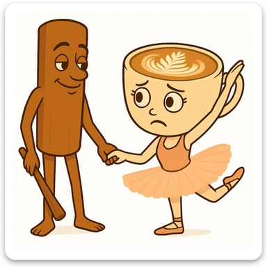 Keep the same quality and style as the reference image. Edit the coffee cup character to have a confused expression and the cinnamon stick character to have a proud expression. sticker