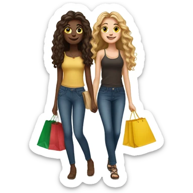 Two Italian best friends with long hair shopping together with bags   sticker
