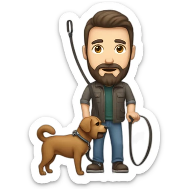 tall aggressive late 40 year old man with a brown beard holding a dog on a leash sticker
