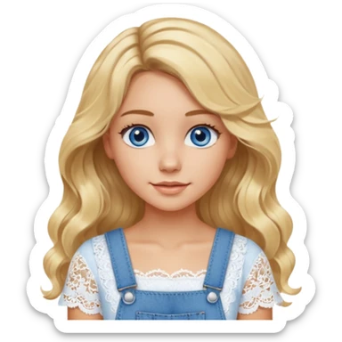 create an emoji of a young woman, very long blonde wavy hair mid-part, blue eyes, tanned skin, a gentle look. she wears a very white short sleeve lacy top and an overall sticker