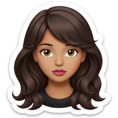 beautiful girl with black wavy long hair and side-swept bangs, tan skin, rose-coloured lips and hazel eyes who looks like a model sticker