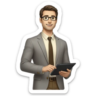 Pale skinned fit man with dark brown hair in gray jacket, beige office shirt, brown tie, brown pants and vintage glasses Writing on the tablet sticker