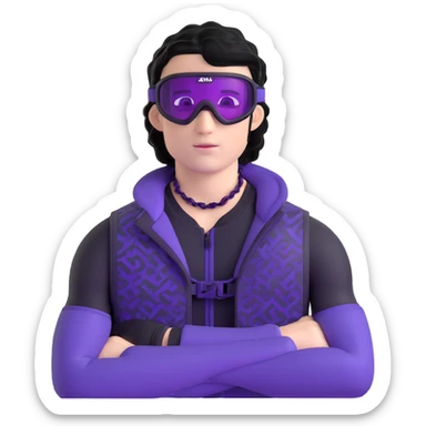 male athlete with white skin and moderately curly black hair on top with shaved sides, wearing ski goggles with purple frames and very dark black lenses, a simple plain black chain necklace, and a completely unzipped sleeveless vest with purple and black sequin fire pattern design, fully revealing his chest, shoulders and arms, no earrings sticker