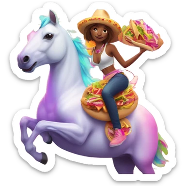 two women eating tacos while riding a unicorn surrounded by a neon heart that’s on fire sticker