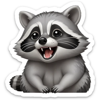 Cinematic-cute realistic- Yawning Raccoon-Portrait-Emoji – Poised and confident, wide-open yawn, revealing a soft grey with a sturdy build and a beautifully textured fur of silver-grey accented by dark black facial markings, deep-set, big black eyes, simplified yet sharp and sophisticated zoom out to show shoulders sticker