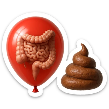 intestino umano anatomico chiuso in un palloncino rosso che simboleggia gonfiore, accanto un simbolo di cacca che simboleggia "diarrea", iperrealistico 4k sticker