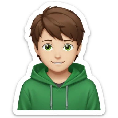 Anime teen boy with brown hair, green eyes, and a green hoodie, looking smiling slightly sideways positioned. Face must be main filling of the emoji. A little piece of hoodie can be visible. 128px sticker