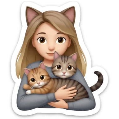 Une femme avec les cheveux dégradée, brun et blond, qui fait un câlin à son chat qui est gris, tigré avec les extrémités oreille patte et queue noir  sticker