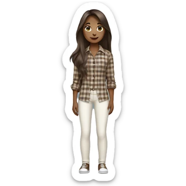 a brunette girl with long straight hair stands in a brown checkered shirt and white pants with a small black handbag sticker